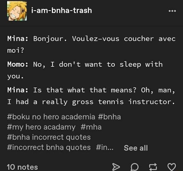 Mina Bonjour. Voulezvous coucher avec moi? Momo No, I don't want to