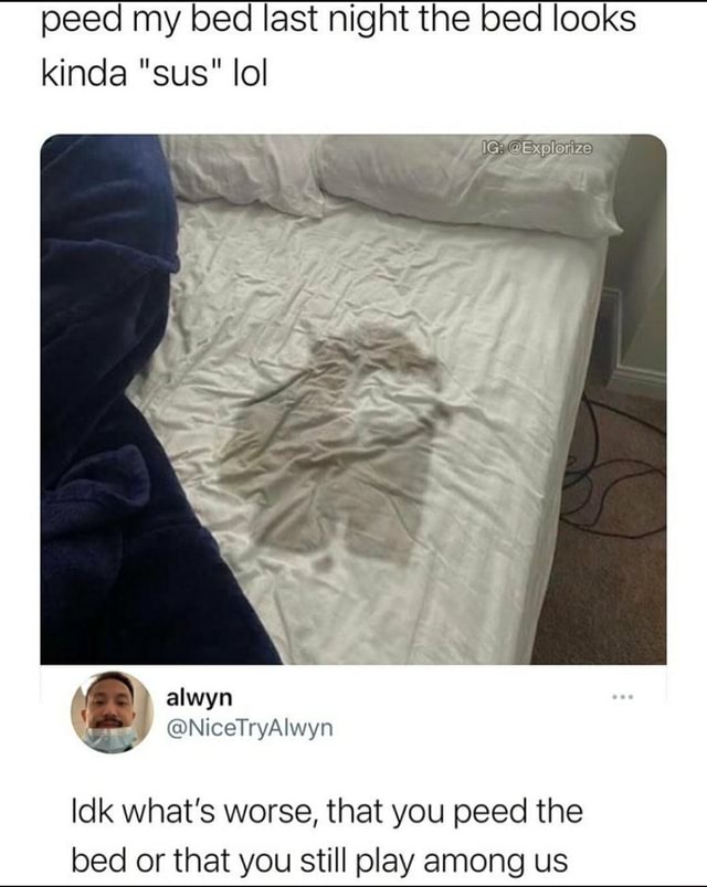 Peed my bed last night the bed looks kinda "sus" lol Ick what's worse, that you peed the bed or