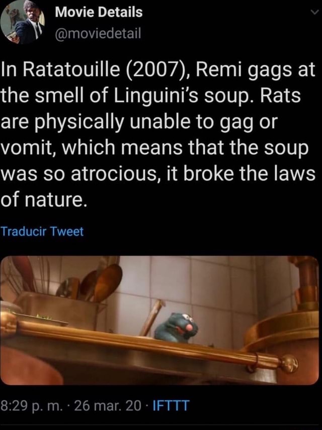 Movie Details In Ratatouille (2007), Remi gags at the smell of Linguini