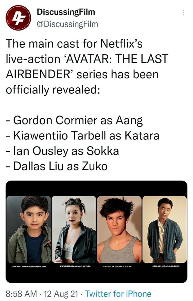 Discussing Film Discussing Film The main cast for Netflix's liveaction 'AVATAR THE LAST