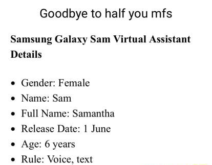 Goodbye To Half You Mfs Samsung Galaxy Sam Virtual Assistant Details Gender Female Name Sam Full Name Samantha Release Date June Age 6 Years Rule Voice Text