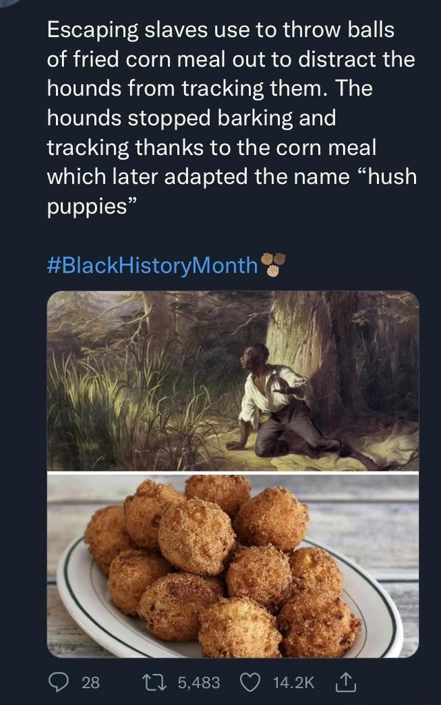 Escaping slaves use to throw balls of fried corn meal out to distract