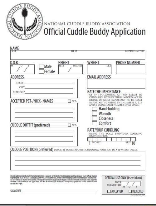 NATIONAL CUDDLE BUDDY ASSOCIATION, Official Cuddle Buddy Application