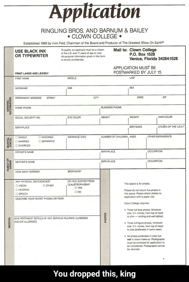 Application RINGLING BROS. AND BARNUM & BAILEY CLOWN COLLEGE
