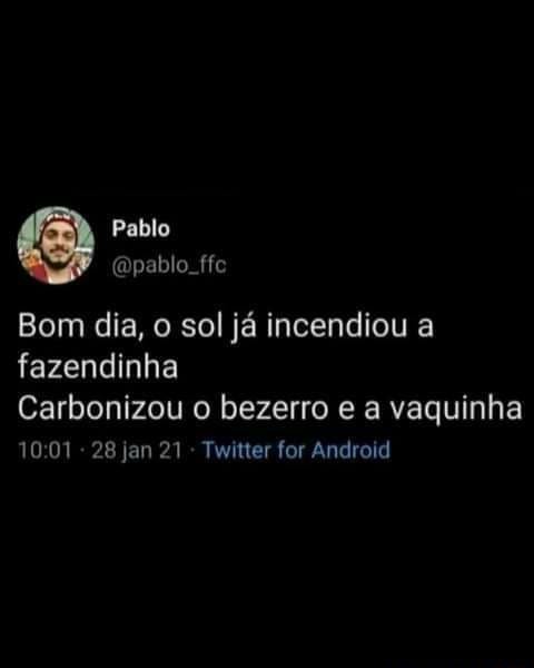 Pablo ta pablo fe Bom dia, o sol já incendiou a fazendinha Carbonizou o  bezerro e a vaquinha 1001 28 jan 21 Twitter for Android - iFunny Brazil
