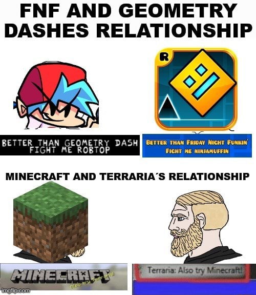 Fnf And Geometry Dashes Relationship Better Than Geometry Dash Gerrer Than Frivay Necht Funkin Fight Me Robto Ficht Me Ninjamufein Minecraft And Terraria S Relationship