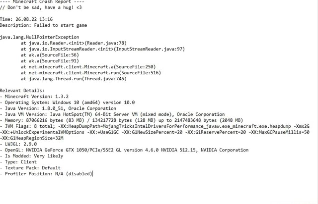 Manecrart Crash Keport Don T Be Sad Have A Hug 3 Time Description Failed To Start Game Java Lang Nullpointerexception At Java Java 78 At Java Io At At At Net Minecraft Client 250 At At