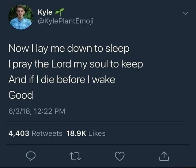 Now I lay me down to sleep I pray the Lord my soul to keep And if I die ...