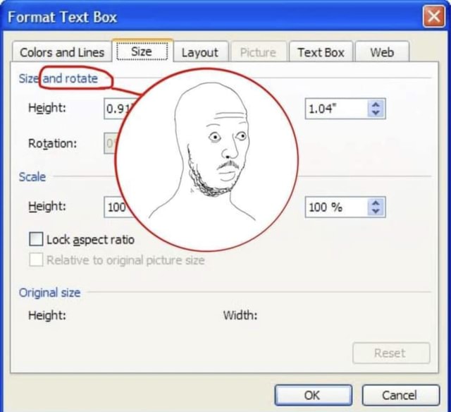 Format Text Box I Colors and Lines Height: Size Rotation: Scale Height ...