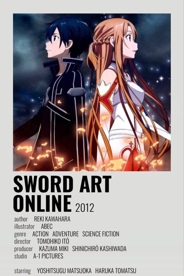 SWORD ART ONLINE author REK! KAWAHARA illustrator ABEC genre ACTION  ADVENTURE SCIENCE FICTION director TOMOHIKO ITO producer KAZUMA MIKI  SHINICHIRO KASHIWADA studio PICTURES starring YOSHITSUGU MATSUOKA HARUKA  TOMATSU - iFunny Brazil