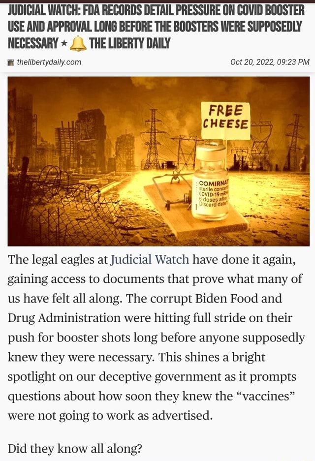 JUDICIAL WATCH FDA RECORDS DETAIL PRESSURE ON COVID BOOSTER USE AND