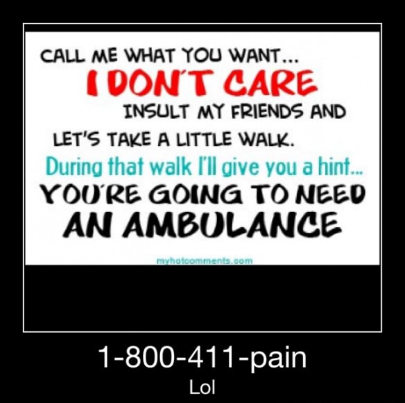 Call Me What You Want Dont Care Insult My Friends And Let S Take A Little Walk You Re Going To Need An Ambulance 1 800 411 Pain 1 800 411 Pain Lol