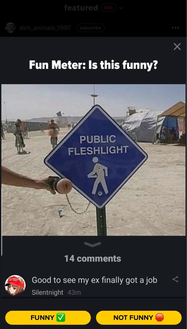 Fun Meter: Is this funny? PUBLIC  FLESHLIGHT 14 comments Good to see my ex finally got a job Silentnight 4 FUNNY NOT FUNNY @ - iFunny