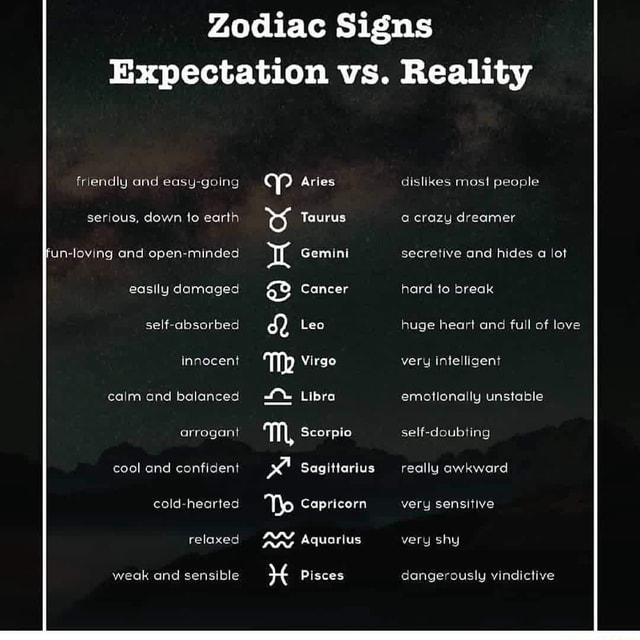 Zodiac Signs Expectation vs. Reality friendly and easy-going serious ...