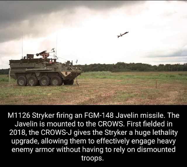 M1126 Stryker firing an FGM-148 Javelin missile. The Javelin is mounted ...