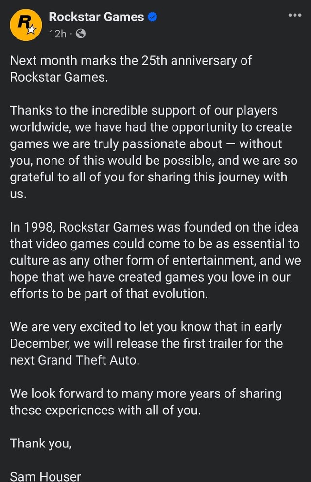 Rockstar Games on X: Next month marks the 25th anniversary of Rockstar  Games. Thanks to the incredible support of our players worldwide, we have  had the opportunity to create games we are