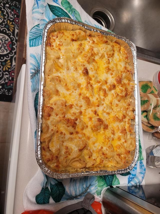 Baked mac and cheese made with cheddar, Parmesan and havarti cheeses