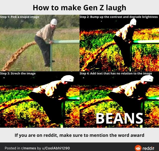 How To Make Gen Z Laugh Step 1 Pick A Stupid Image Step 2 Bump Up The Contrast And Degrade Brightness Step 3 Strech The I Image Step 4 Add Text That