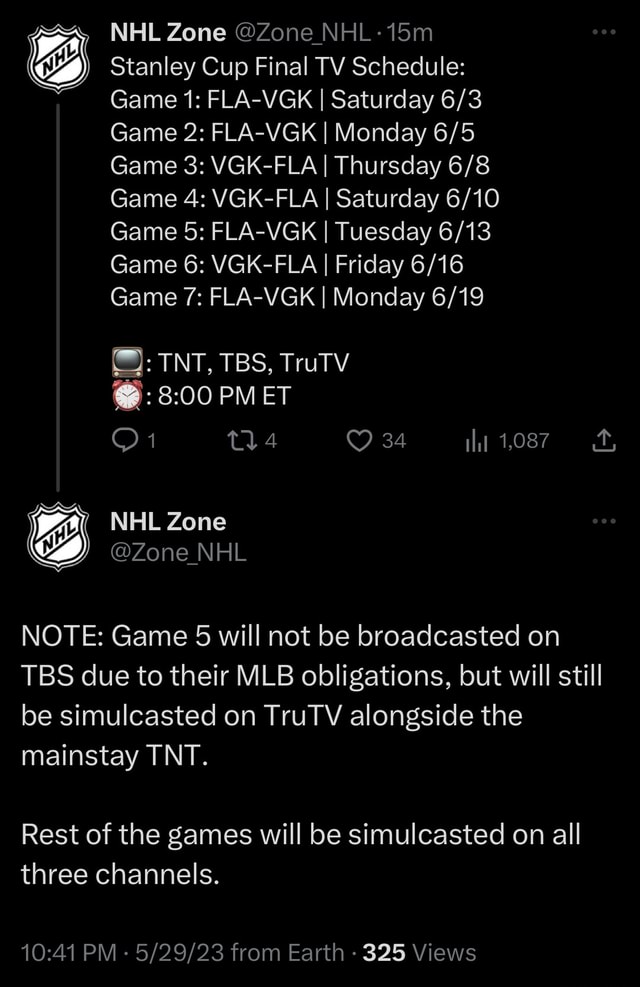 NHL Zone Zone NHL Stanley Cup Final TV Schedule Game 1 FLAVGK I