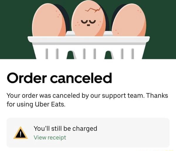 Order canceled Your order was canceled by our support team. Thanks for using Uber Eats. You'll