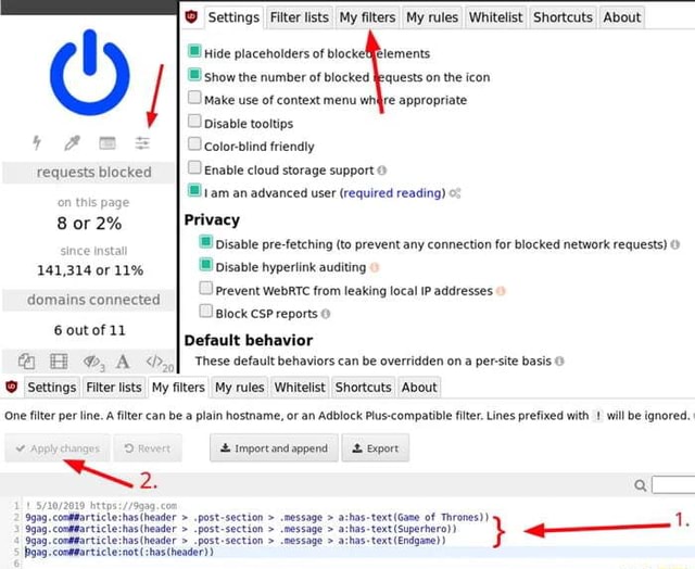 Settings Filter lists My filters My rules Whitelist Shortcuts About ...