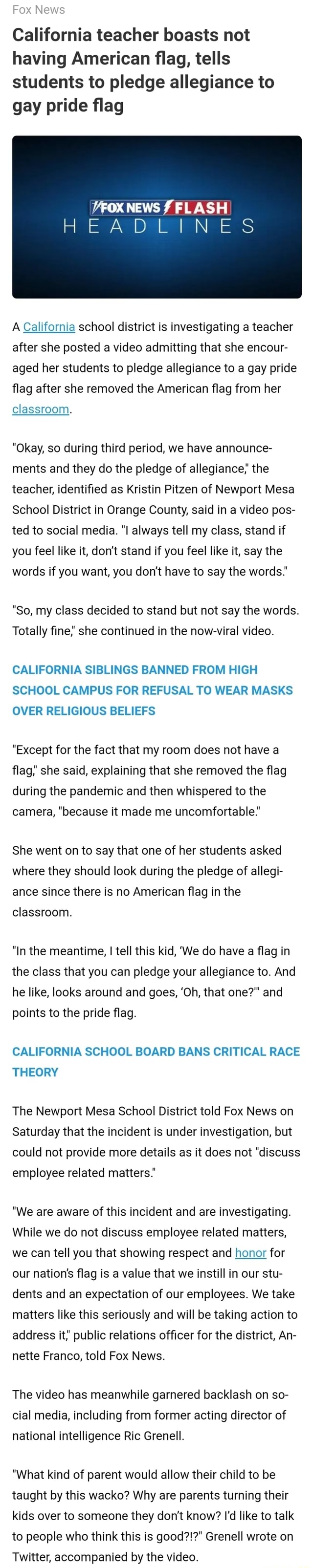 Fox News California Teacher Boasts Not Having American Flag, Tells 