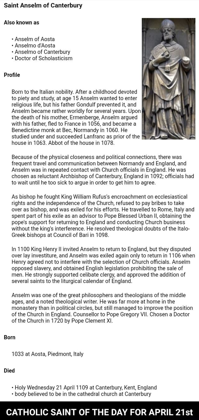 Saint Anselm Of Canterbury Also Known As Anselm Of Aosta Anselmo D ...