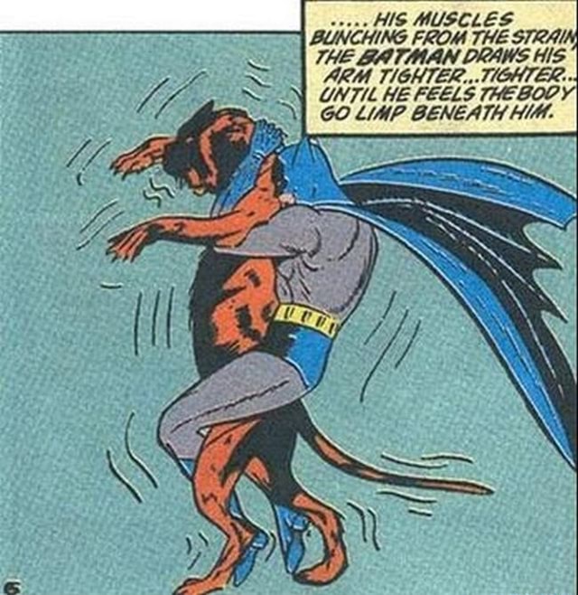 Sagging Batman THE BATINAN DRAWS HIS ~N ARM TIGHTER, TIGHTER... SI HE FEELS THEBOOY GO ...