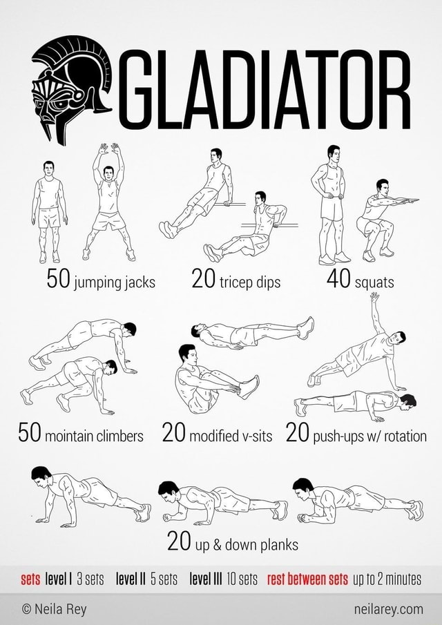 GLADIATOR 50 jumping jacks 20 tricep dips AO squats 50 Mointain ...