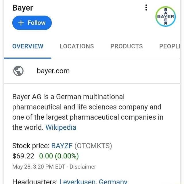 Bayer BAYER + Follow OVERVIEW LOCATIONS PRODUCTS PEOPLI Bayer AG Is A ...