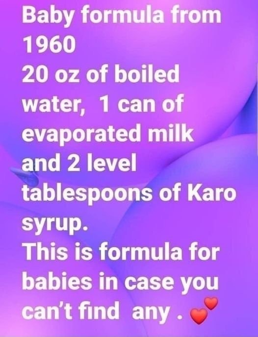 Baby formula from 1960 20 oz of boiled water, 1 can of evaporated milk