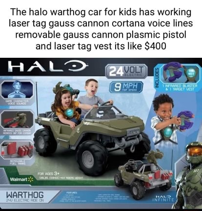 The halo warthog car for kids has working laser tag gauss cannon