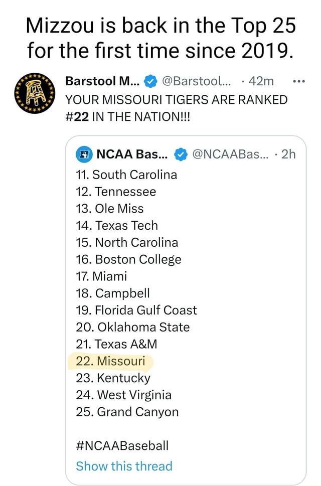 Mizzou is back in the Top 25 for the first time since 2019. Barstool Mi