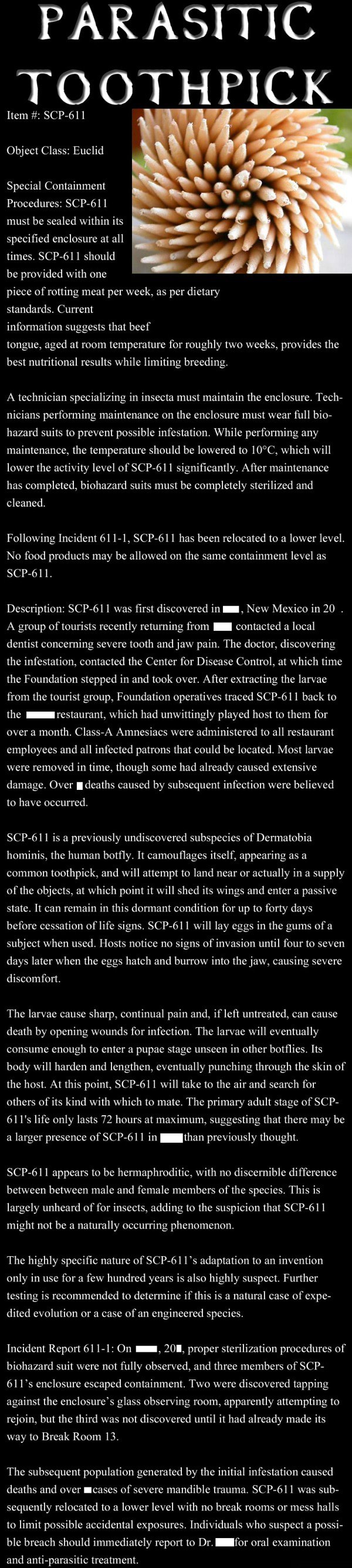 Parasitic Toothpick Specified Enclosure All Times Scp 611 Should Be Provided With Piece Of Rotting Meat Per Week As Per Dietary Standards Current Information Suggests That Beef Tongue Aged At Room Temperature For