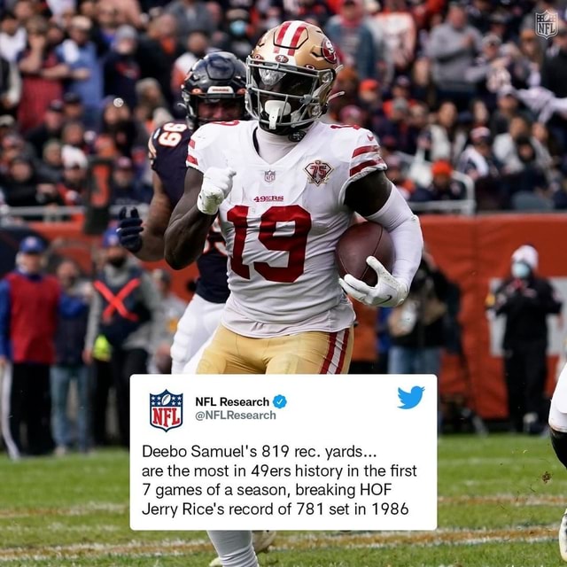 The Athletic on X: Deebo Samuel has 804+ receiving yards this year, the  most through the first seven games of a season in 49ers history. Deebo  passed Niners great Jerry Rice in