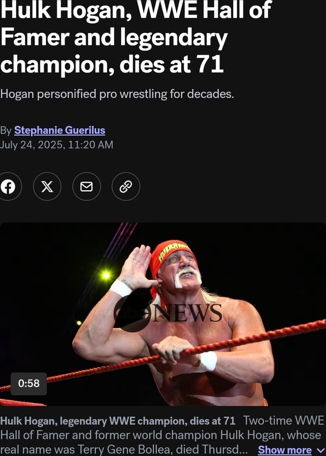 Hulk Hogan Wwe Hall Of Framer And Legendary Champion Dies At 71 Hogan