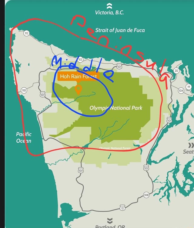 Pac Ocean al Victoria, BC Strait of Juan de Fuca al Hoh Rain Fe Olympir ...