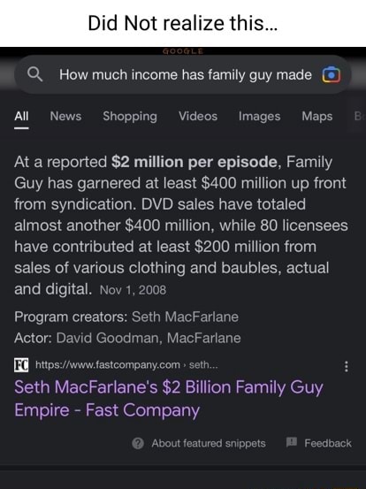 Did Not realize thi How much income has family guy made All News