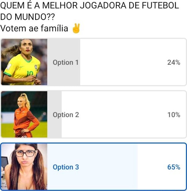 QUEM A MELHOR JOGADORA DE FUTEBOL DO MUNDO?? Votem ae família d! Option