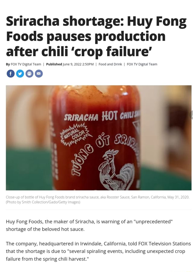 Sriracha shortage Huy Fong Foods pauses production after chili 'crop