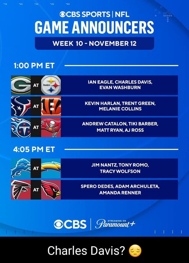 CBS SPORTS I NFL GAME ANNOUNCERS WEEK 10 NOVEMBER 12 PM ET IAN EAGLE