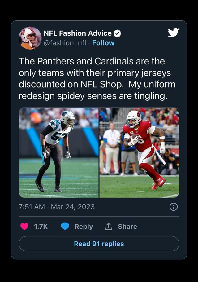 NFL Fashion Advice on X: The Panthers and Cardinals are the only teams  with their primary jerseys discounted on NFL Shop. My uniform redesign  spidey senses are tingling.  / X