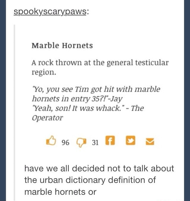 Marble Hornets A Rock Thrown At The General Testicular Region Yo You 