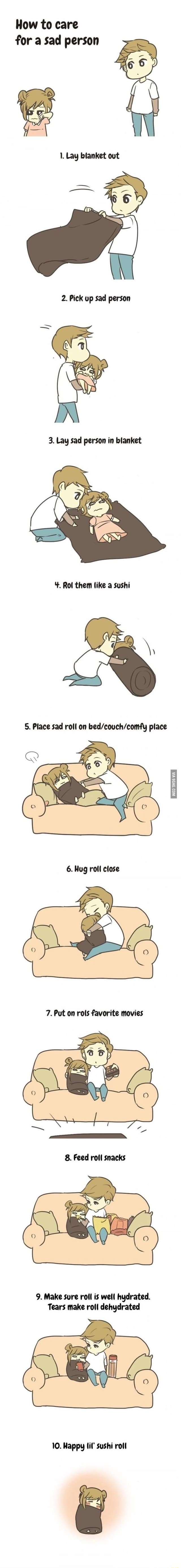 Sad Shushi Rool How to care for a sad person 2. Pick up sad person 3. Lay sad person in ...