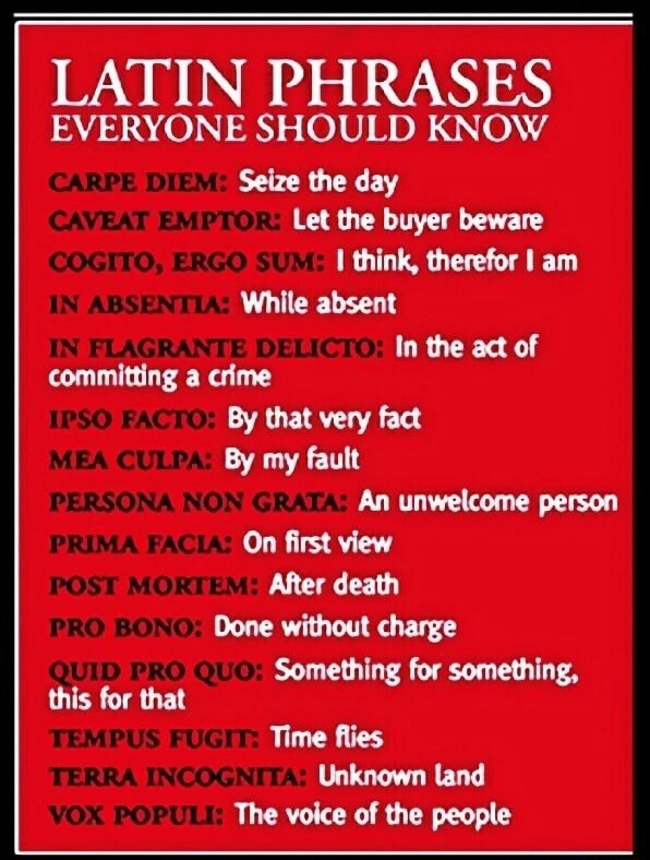 Latin Phrases Everyone Should Know Day Let The Buyer Beware I Think Therefor I Am The Act Of Committing A Crime By Fault An Unwelcome Person On First View After Death Done