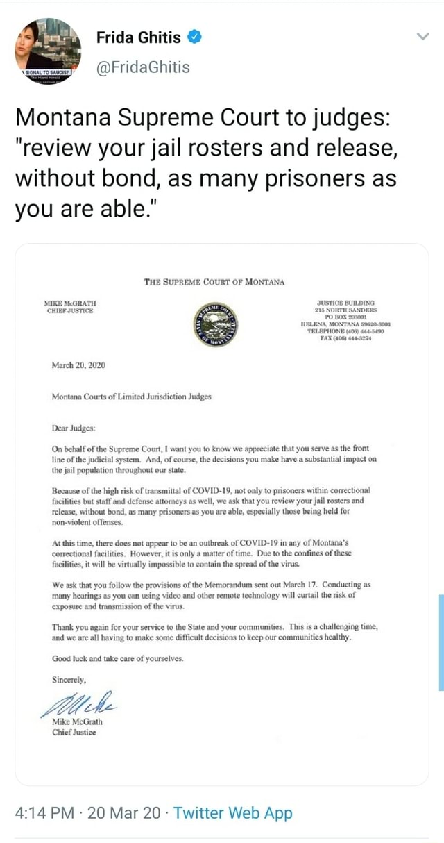 Montana Supreme Court to judges "review your jail rosters and release