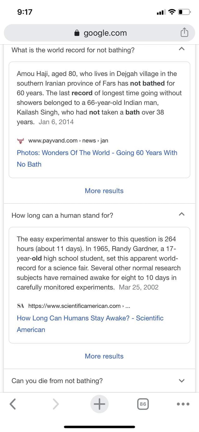 What is the world record for not bathing? Amou Haji, aged 80, who lives