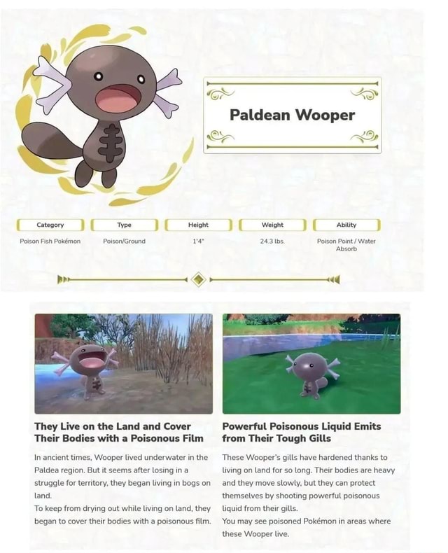 Pokémon GO BR - Tem alguma coisa na água! 💧 Wooper, o Pokémon Peixe de  Água, e Wooper de Paldea, o Pokémon Peixe Venenoso, aparecerão com mais  frequência durante o #PokemonGOCommunityDay no