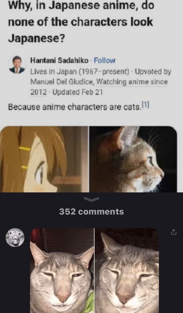 Why, in Japanese anime, do none of the characters look Japanese? Hantani  sadabiko Lives in sapan (1967-prosent) Updated Feb 2 Because anime  characters are cats. 'The goal of manga anime was neither