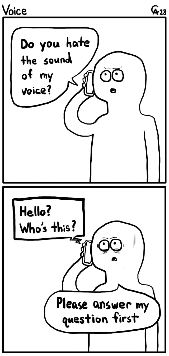 Voice 22 Do you hate the sound of my voice? Hello? Who's this? Please answer my question first